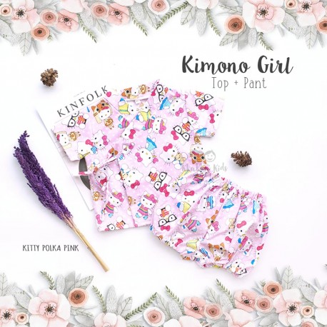 Kimono Girl Top + Pant - Kitty Polka Pink