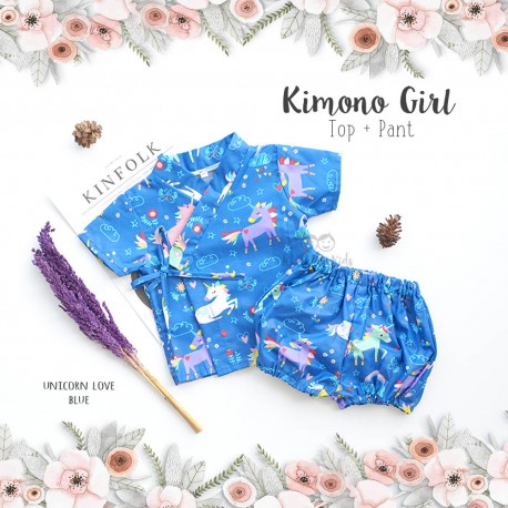 Kimono Girl Top + Pant - Unicorn Love Blue