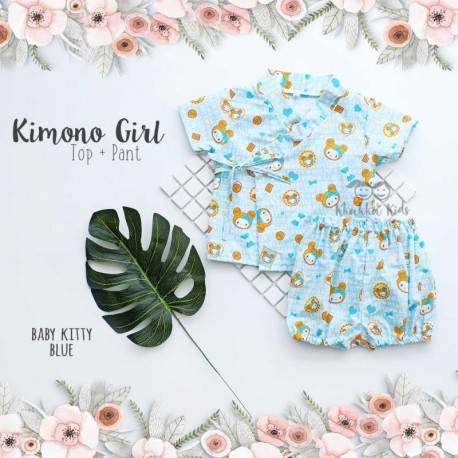 Kimono Girl Top + Pant - Baby Kitty Blue